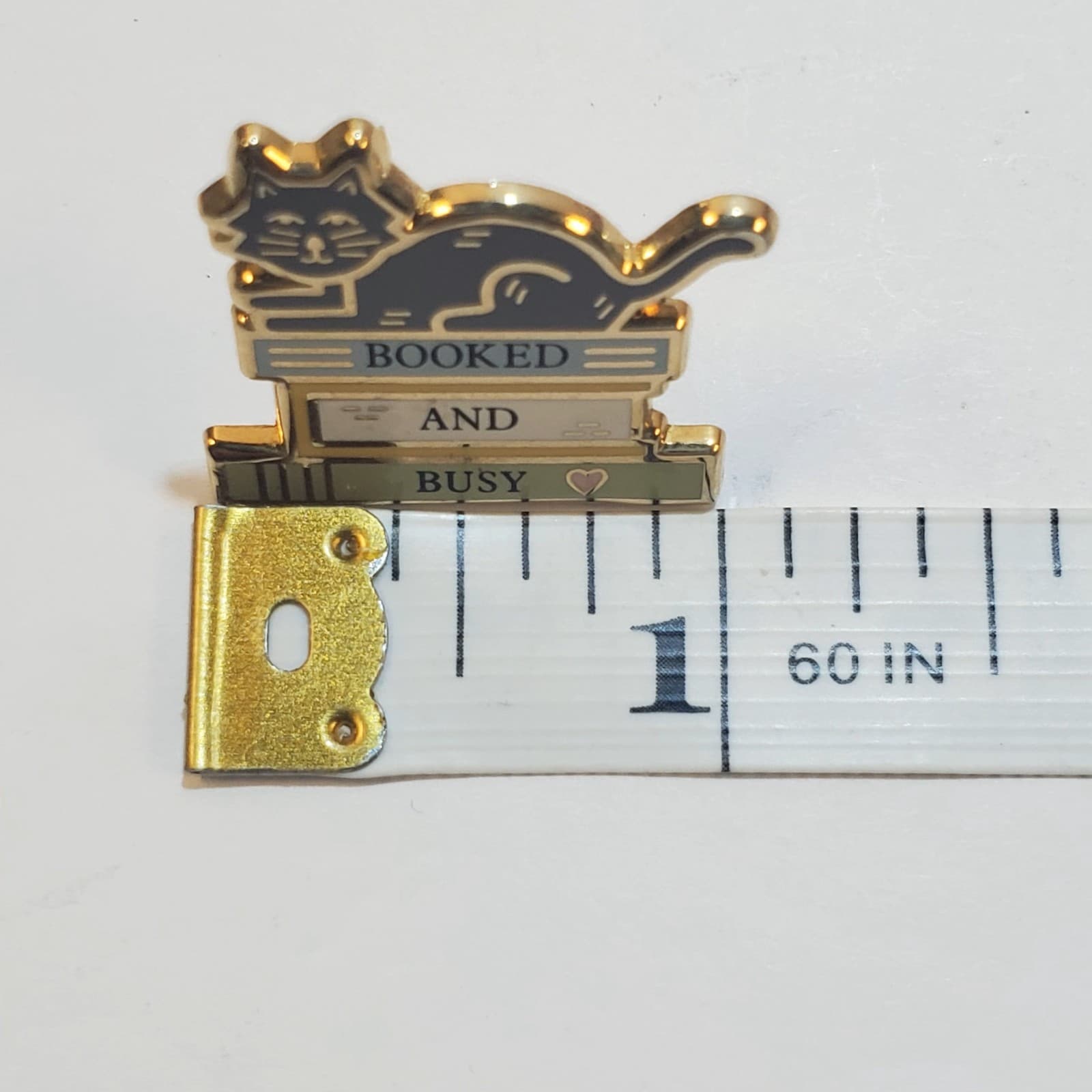 Gold Tone and Enamel Booked And Busy Cat Laying on Books Tack Lapel Cap Pin - Thumbnail 4