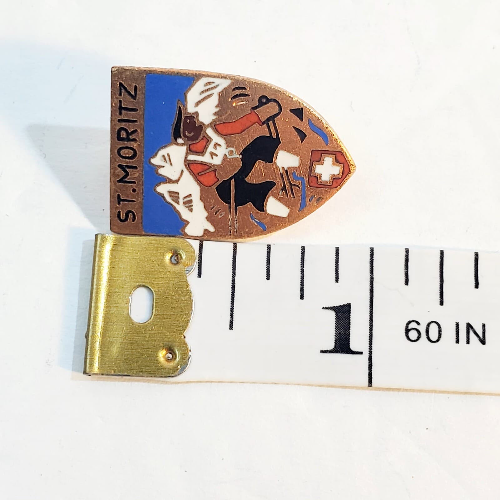 Vintage St. Moritz Ski Resort Switzerland Gold Tone and Enamel Lapel Cap Pin - Thumbnail 3