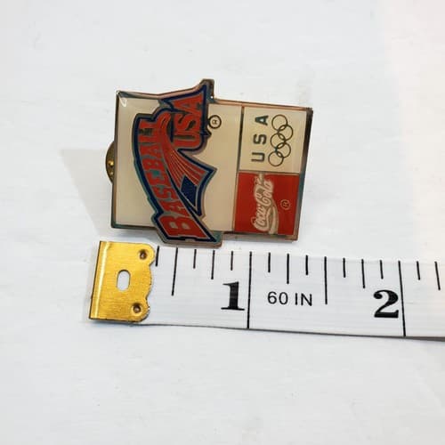 Vintage Gold Tone Metal Enamel Resin Coca Cola Baseball USA Olympics Lapel Pin - Thumbnail 4