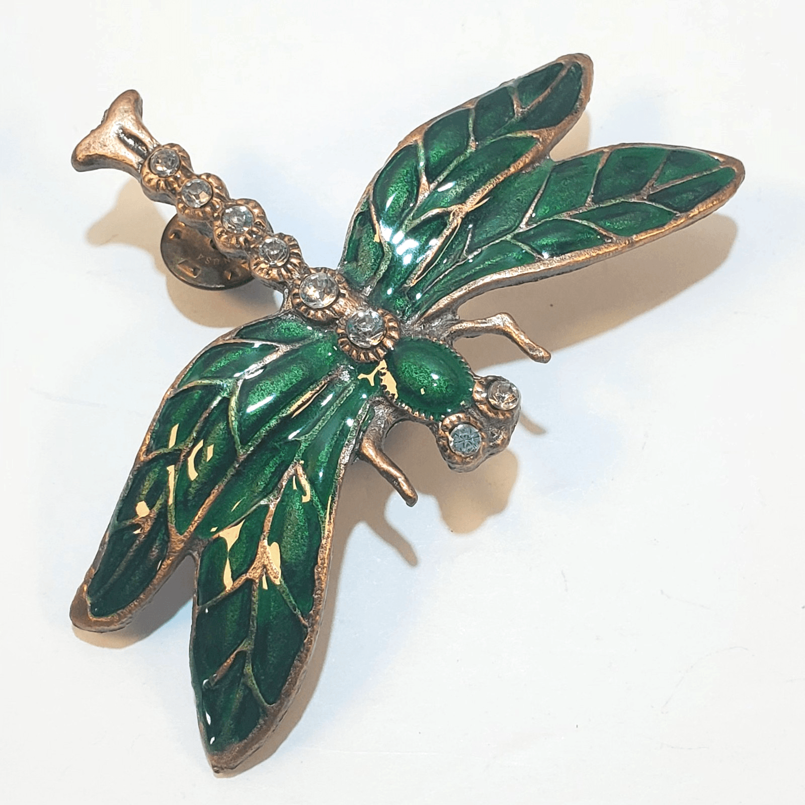 Vtg Large Bronze Tone Metal Green Enamel Rhinestone Dragonfly Double Tack Pin