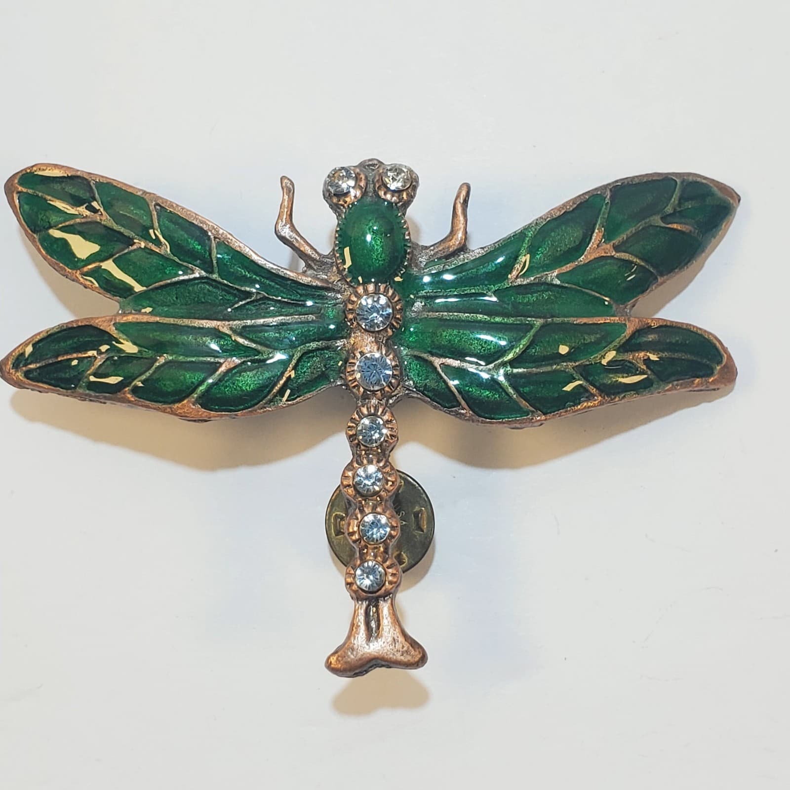 Vtg Large Bronze Tone Metal Green Enamel Rhinestone Dragonfly Double Tack Pin - Thumbnail 2