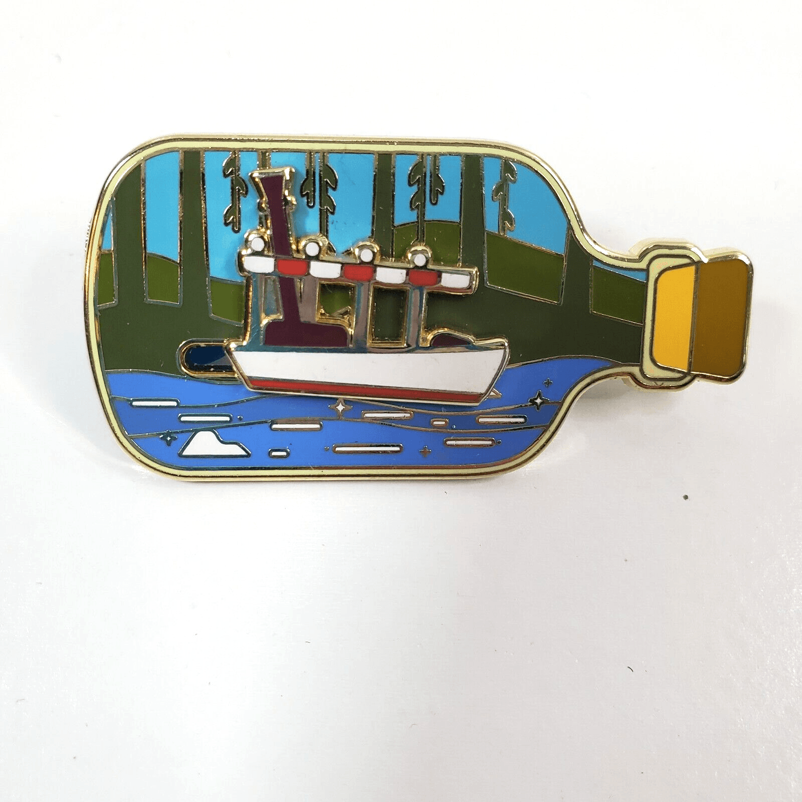 Vintage Metal Enamel Mechanical Ship In A Bottle Boat Sailing Tack Lapel Pin
