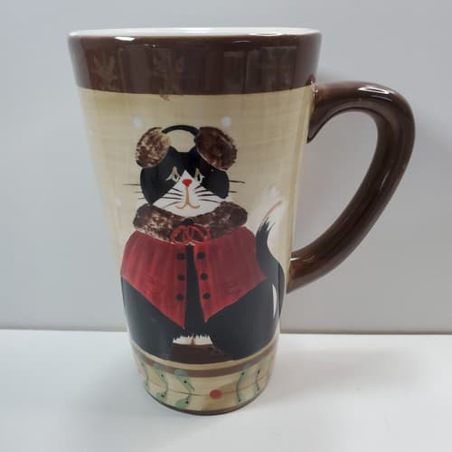Sakura Cozy Cats Fiddlestick 15oz Kitty in a Sweater w/ ear Muffs 6" Coffee Cup