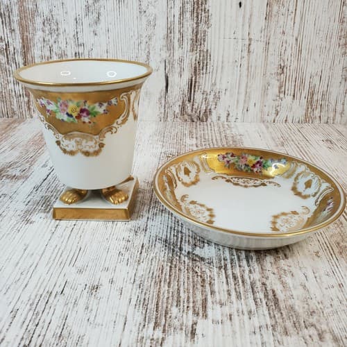 Vintage Andrea Ceramic Gold & Floral Decorated Pedestal Cup & Trinket Dish Japan