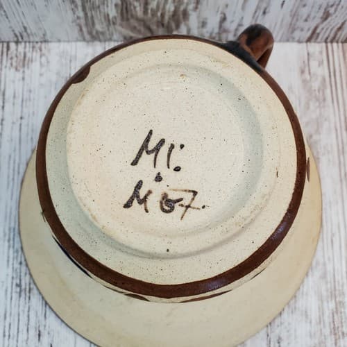 Vintage Tonala Sandstone Mexican Pottery Glazed Design Cup & Saucer Set Signed - Thumbnail 6