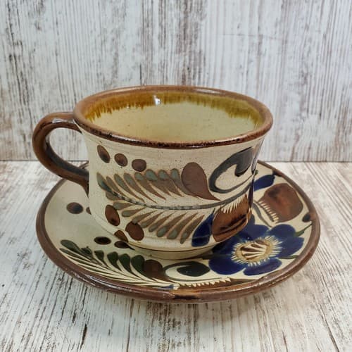 Vintage Tonala Sandstone Mexican Pottery Glazed Design Cup & Saucer Set Signed - Thumbnail 2