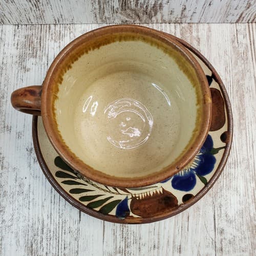 Vintage Tonala Sandstone Mexican Pottery Glazed Design Cup & Saucer Set Signed - Thumbnail 3