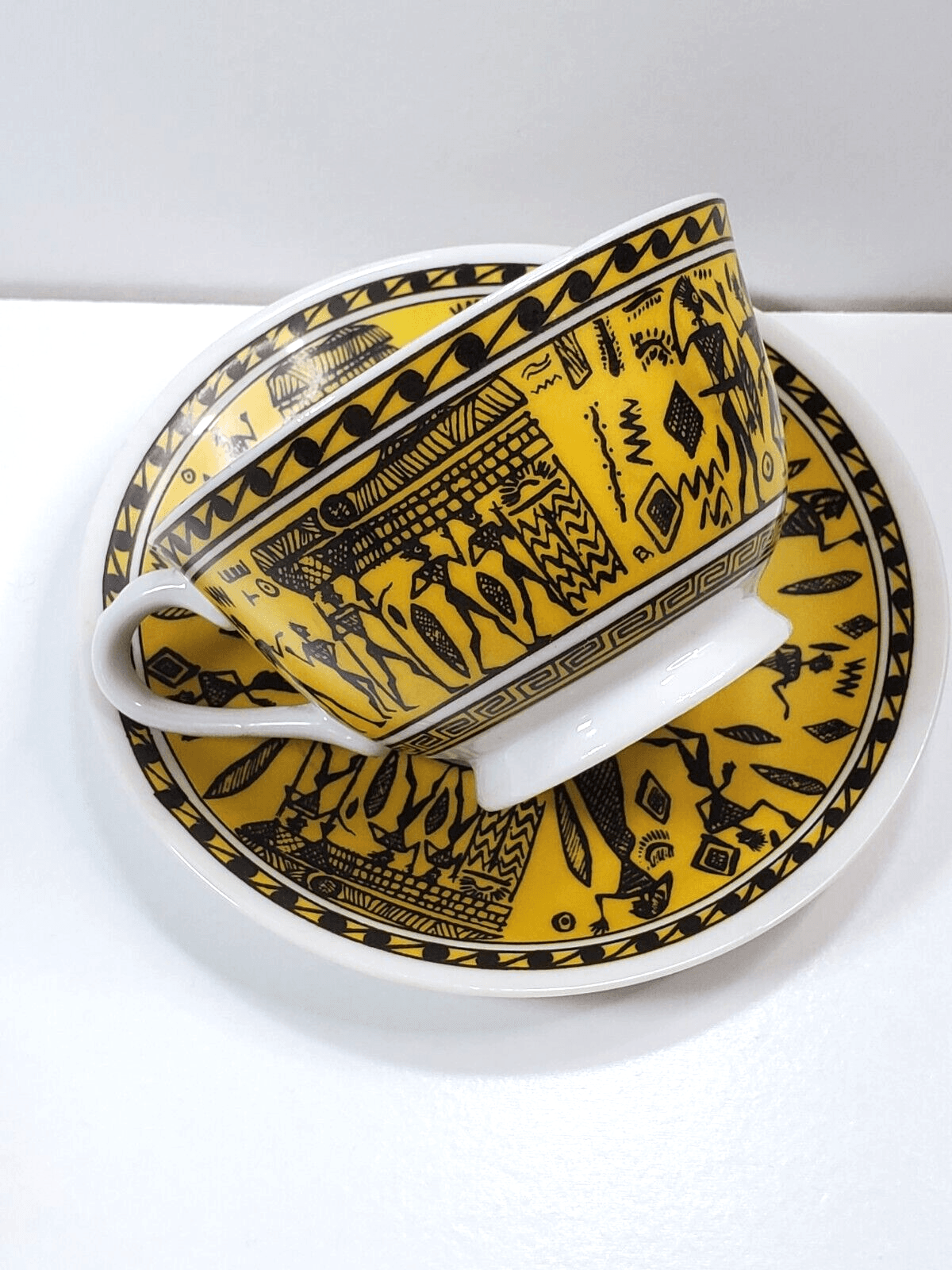 Vintage Hand Made Painted in Greece coffee cup and saucer Greek Scenes Design