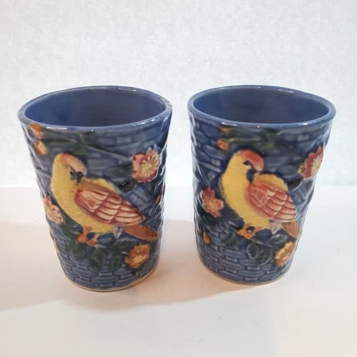 Set of 2 Vintage Ceramic Hand Painted Japan Glazed Tumbler Juice Cup 3D Bird