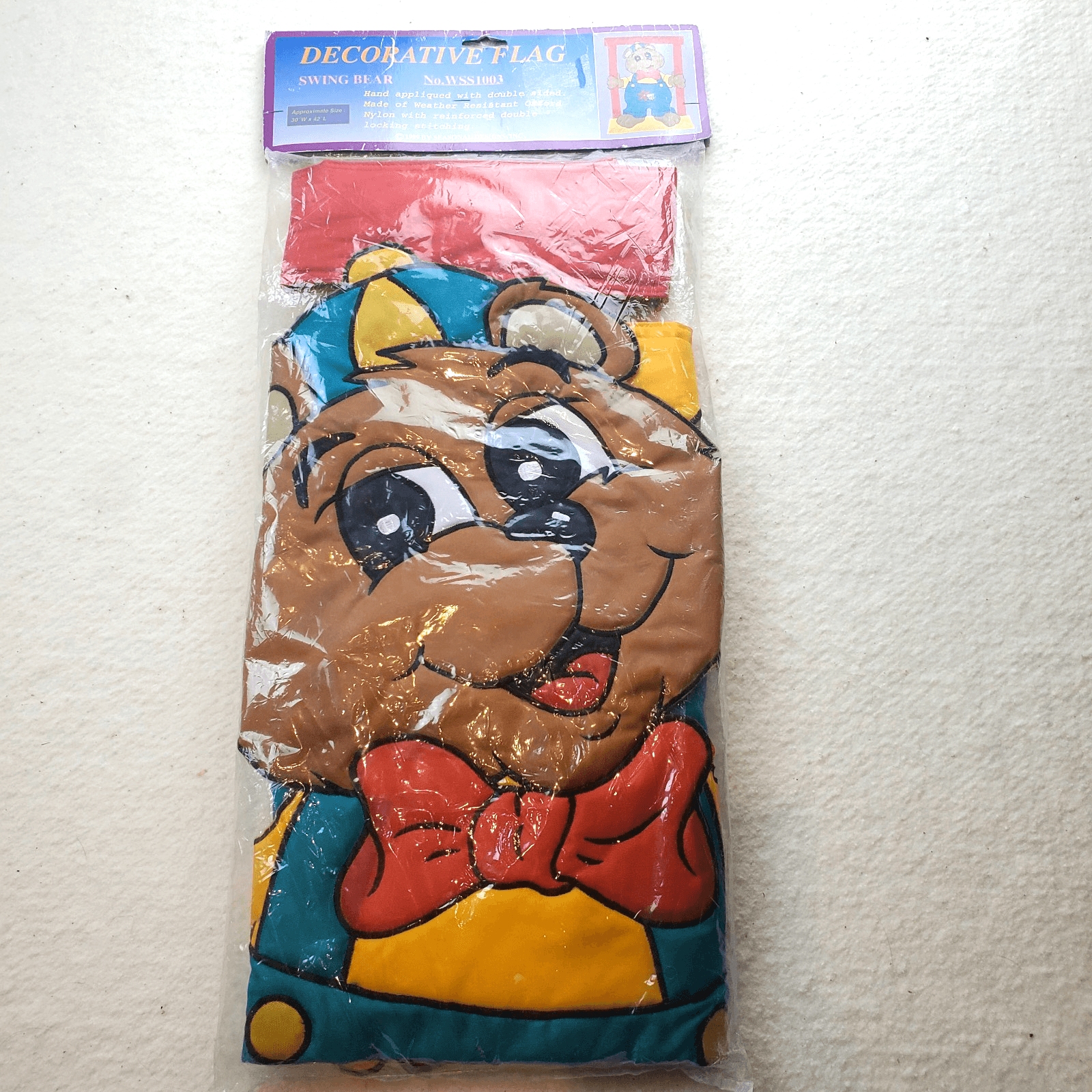 Vintage 1999 Decorative Outdoor Nylon Flag Bear On A Swing Banner 30” X 42” NOS