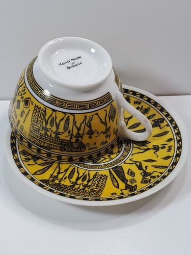 Vintage Hand Made Painted in Greece coffee cup and saucer Greek Scenes Design - Thumbnail 3