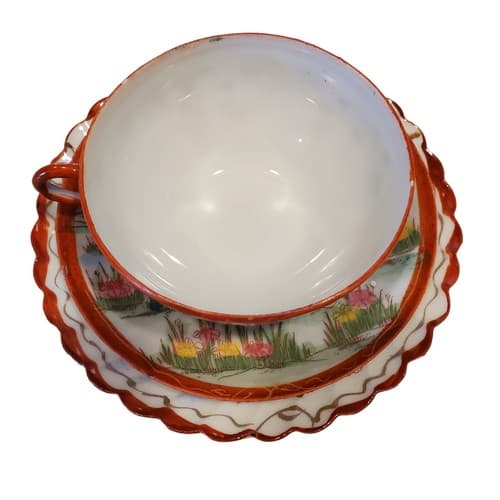 Vintage 3 Pc Geisha Ware Trio Cup Saucer Scalloped Plate Red Trim Hand Painted - Thumbnail 3