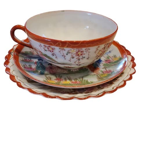 Vintage 3 Pc Geisha Ware Trio Cup Saucer Scalloped Plate Red Trim Hand Painted