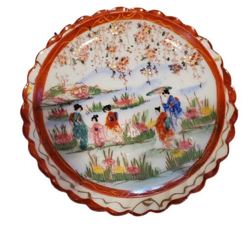 Vintage 3 Pc Geisha Ware Trio Cup Saucer Scalloped Plate Red Trim Hand Painted - Thumbnail 5