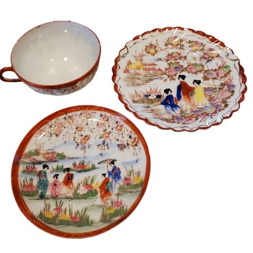 Vintage 3 Pc Geisha Ware Trio Cup Saucer Scalloped Plate Red Trim Hand Painted - Thumbnail 2