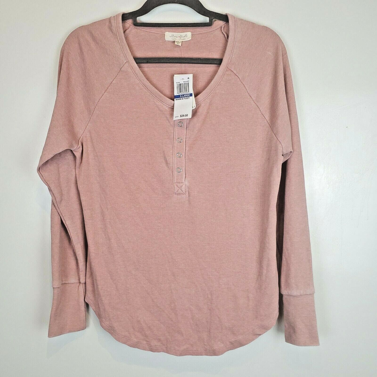 Ultra Flirt Juniors' Thermal Henley Shirt Top Warm & Fuzzy Size Large Snap Up