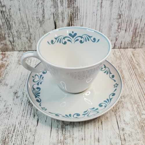 Vintage 1960's Franciscan Blue Fancy Coffee Cup & Saucer Whitestone Ware White