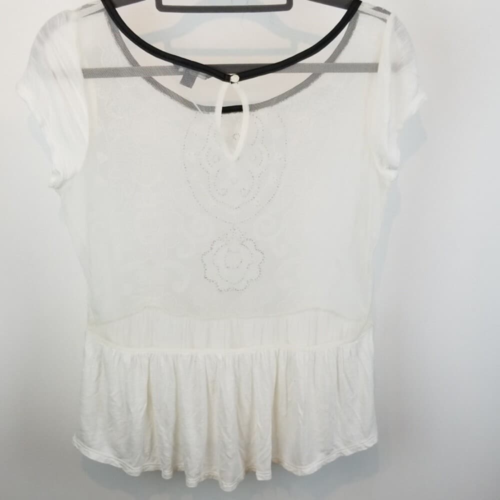 American Eagle Outfitter Lace Sheer Top w/Beading High Low Hem skirted peplum M - Thumbnail 4