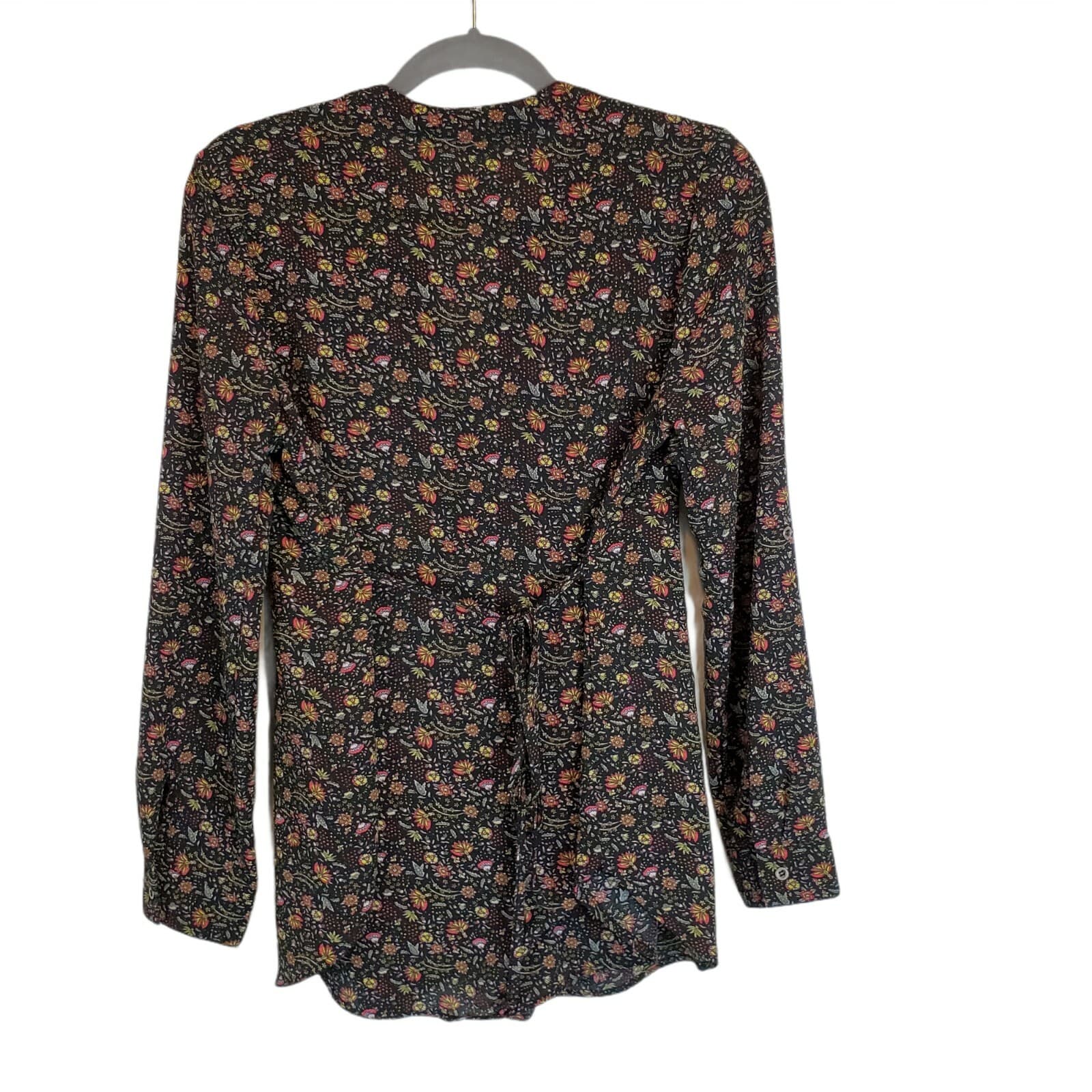 Kaii Women's Blouse Top Black Floral Pattern Long Roll-up Sleeve Tie Waist Sz M - Thumbnail 2