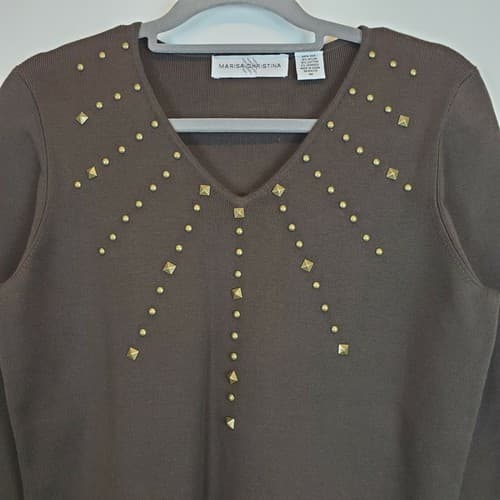 Marisa Christina Brown Studded V-Neck Long Sleeve Sweater Top Size M - Thumbnail 2
