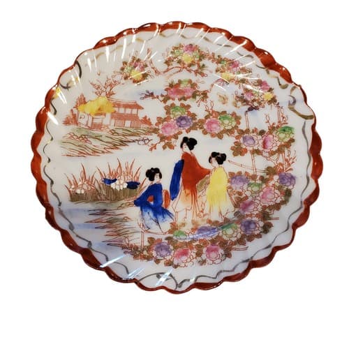 Vintage 3 Pc Geisha Ware Trio Cup Saucer Scalloped Plate Red Trim Hand Painted - Thumbnail 4