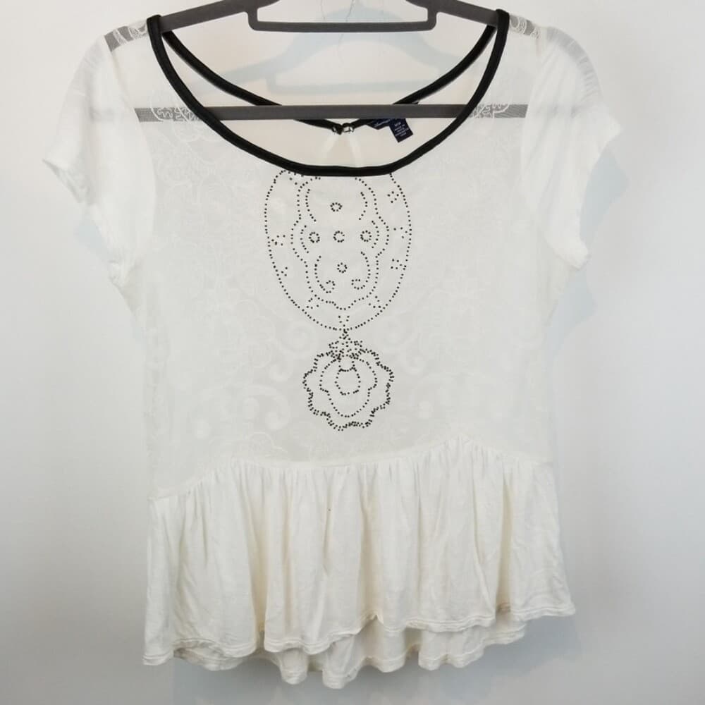 American Eagle Outfitter Lace Sheer Top w/Beading High Low Hem skirted peplum M - Thumbnail 3