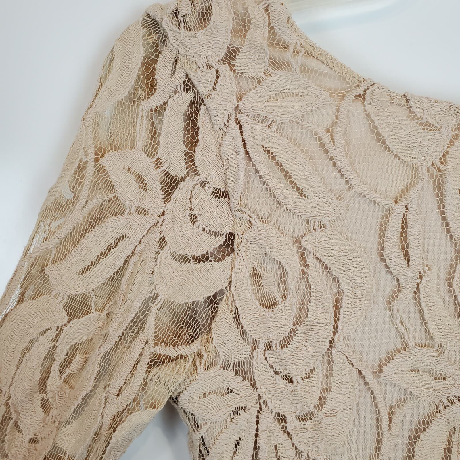 Fire Los Angeles Womens Beige Scoop Back Long Sleeve Lined Lace Tunic Top Small - Thumbnail 4