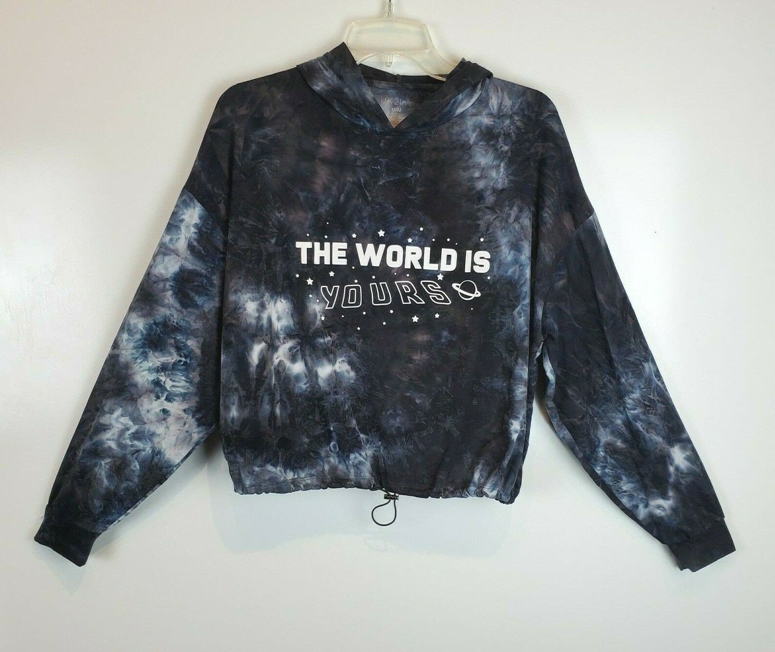 UK2LA Women Black Gray Blue White Marbled Soft Hooded Long Sleeve Crop Top Sz M