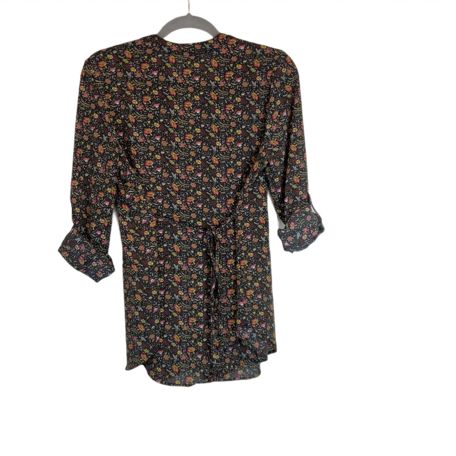 Kaii Women's Blouse Top Black Floral Pattern Long Roll-up Sleeve Tie Waist Sz M - Thumbnail 4
