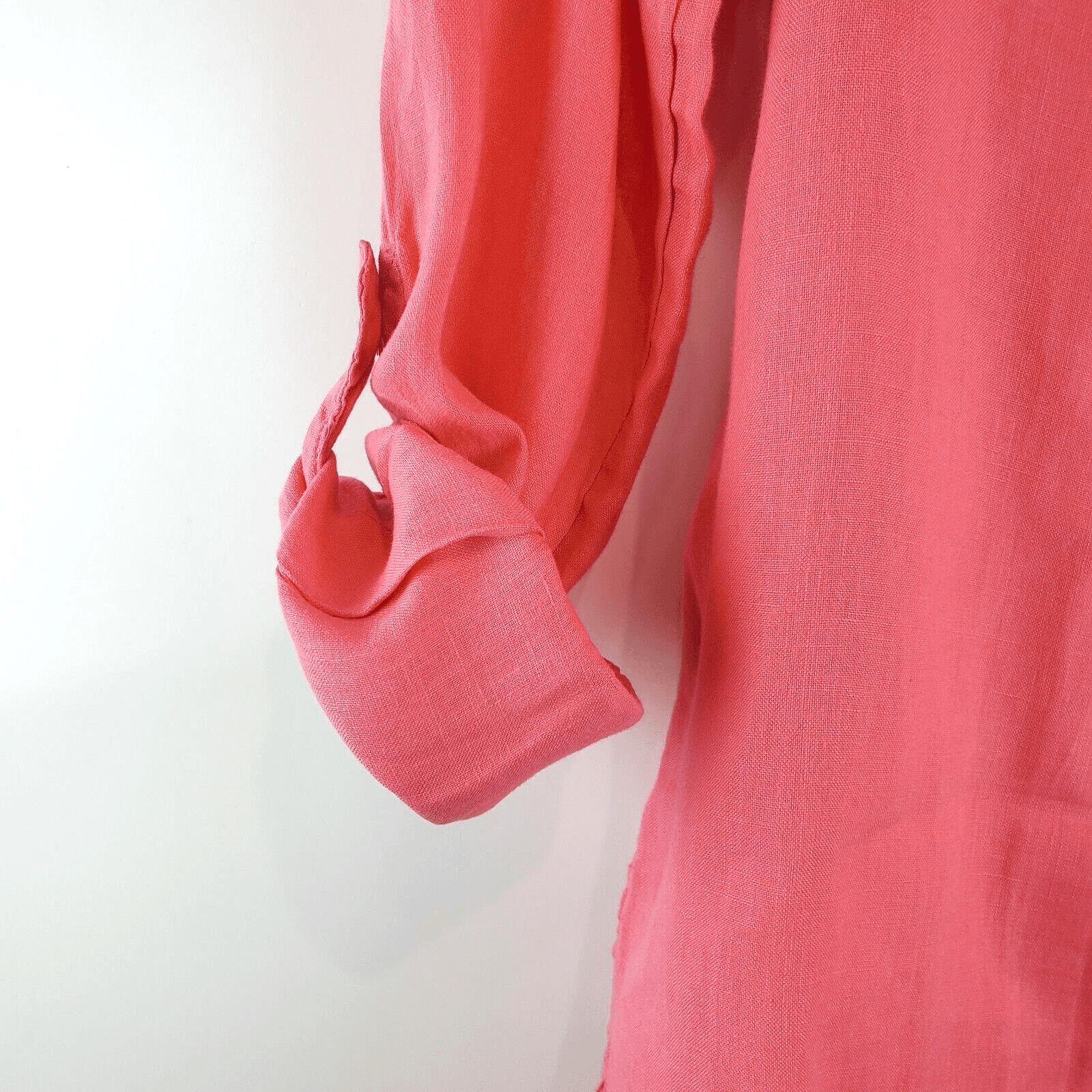 Coldwater Creek Women's Top XS Pink Coral Linen Blouse Roll Tab Sleeve Button - Thumbnail 5