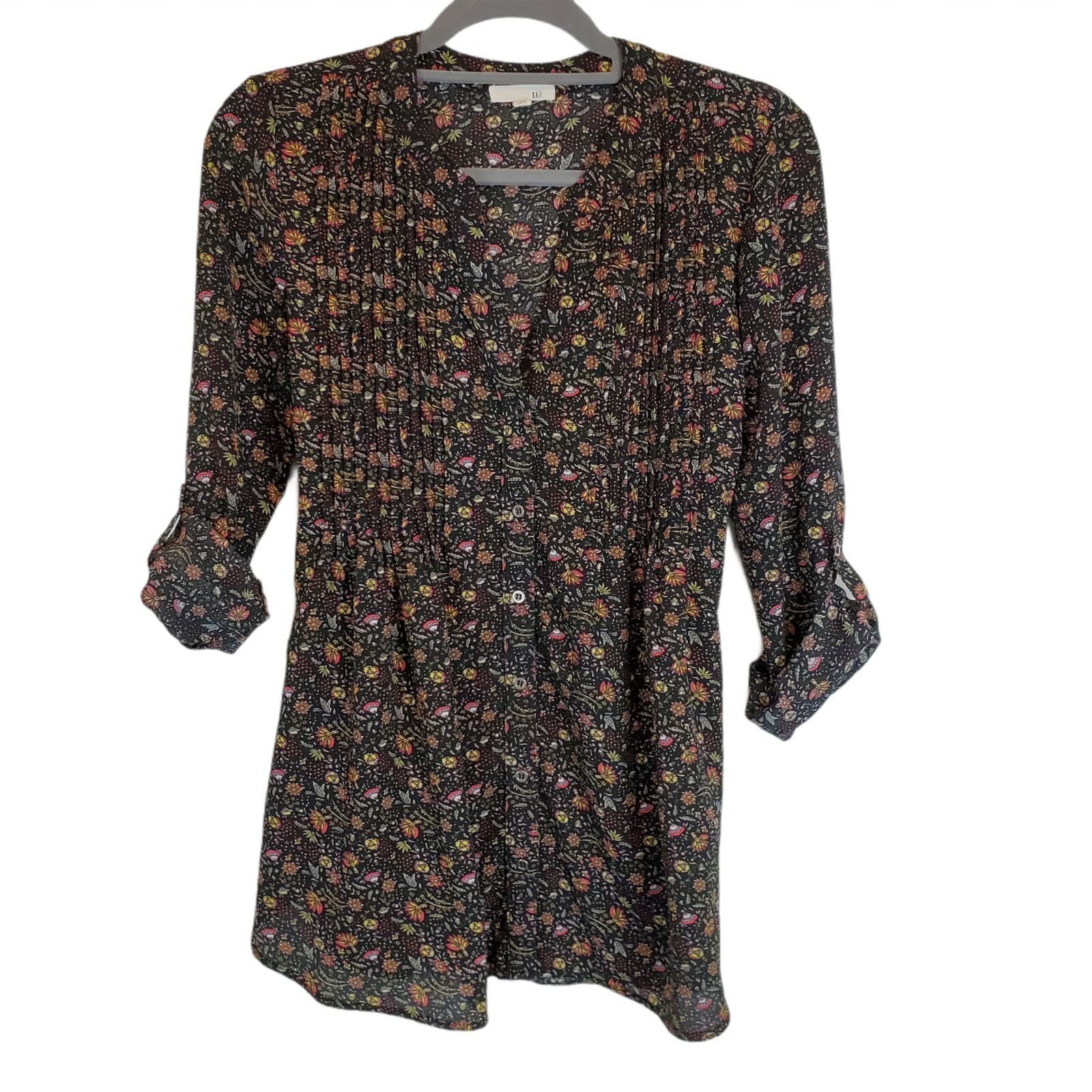 Kaii Women's Blouse Top Black Floral Pattern Long Roll-up Sleeve Tie Waist Sz M - Thumbnail 3