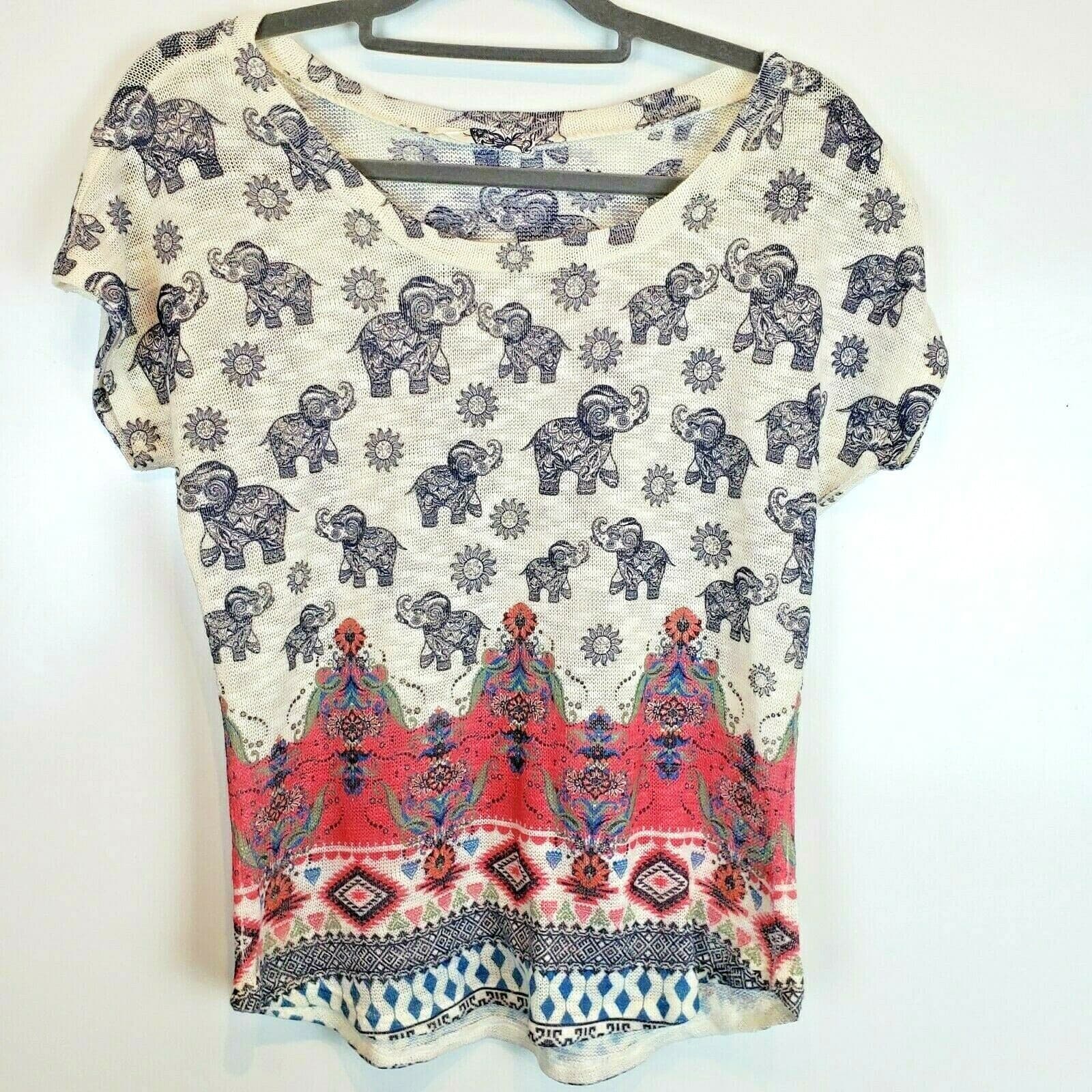 GAZE USA Women's Multicolor Elephant Print Short Sleeve Top Size Medium