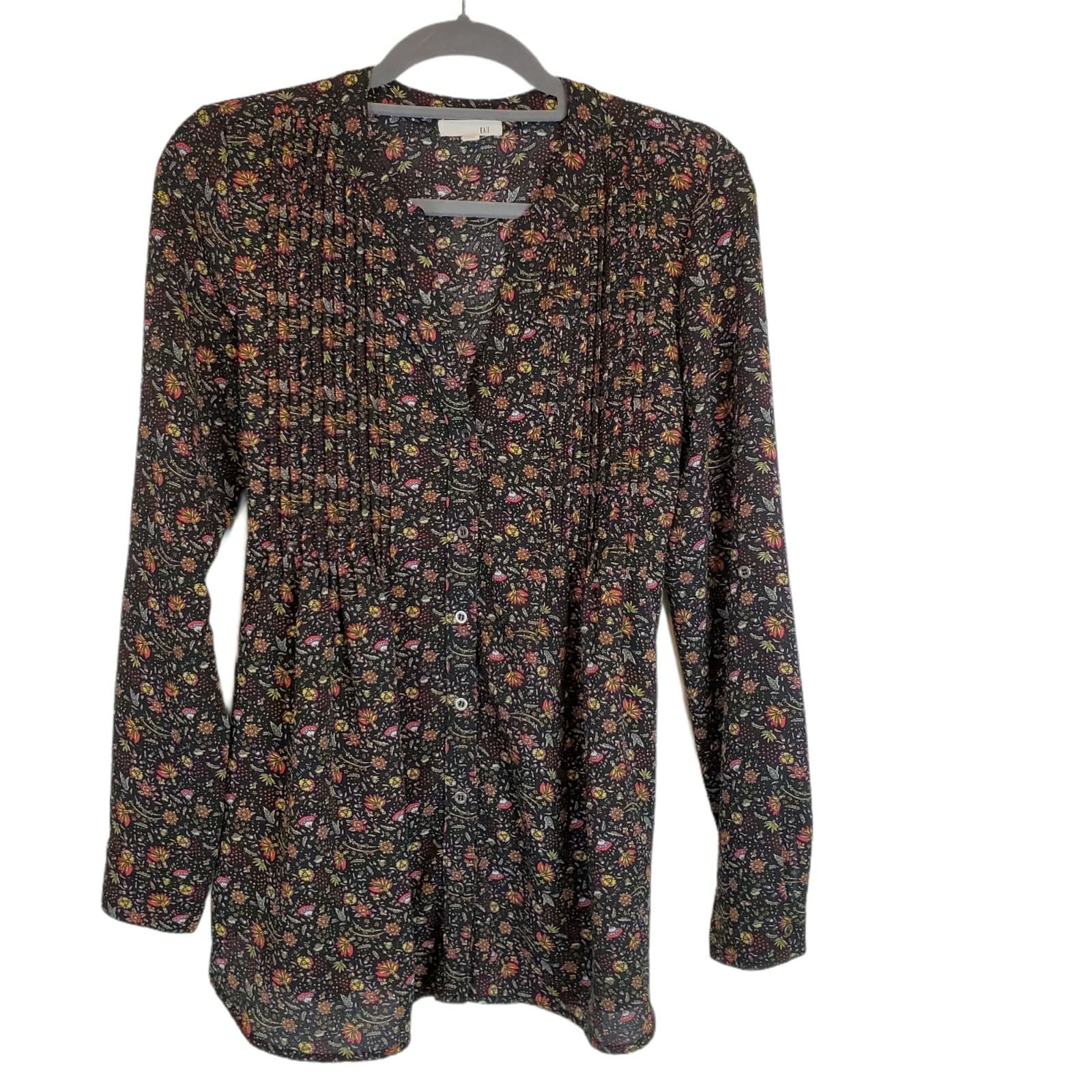 Kaii Women's Blouse Top Black Floral Pattern Long Roll-up Sleeve Tie Waist Sz M