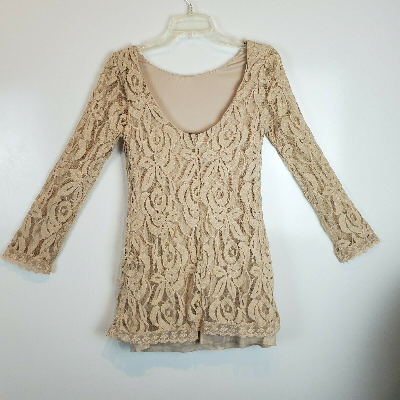 Fire Los Angeles Womens Beige Scoop Back Long Sleeve Lined Lace Tunic Top Small - Thumbnail 2
