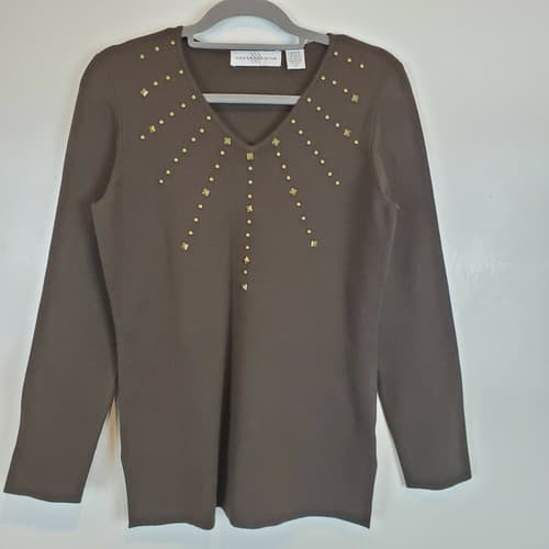Marisa Christina Brown Studded V-Neck Long Sleeve Sweater Top Size M
