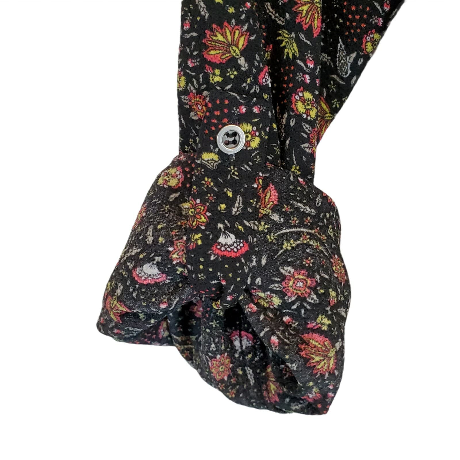 Kaii Women's Blouse Top Black Floral Pattern Long Roll-up Sleeve Tie Waist Sz M - Thumbnail 5
