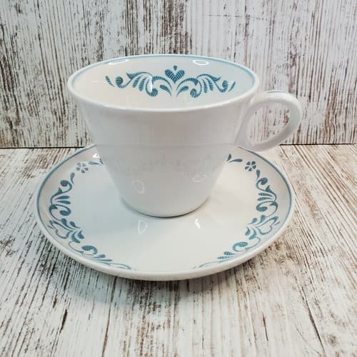 Vintage 1960's Franciscan Blue Fancy Coffee Cup & Saucer Whitestone Ware White - Thumbnail 4