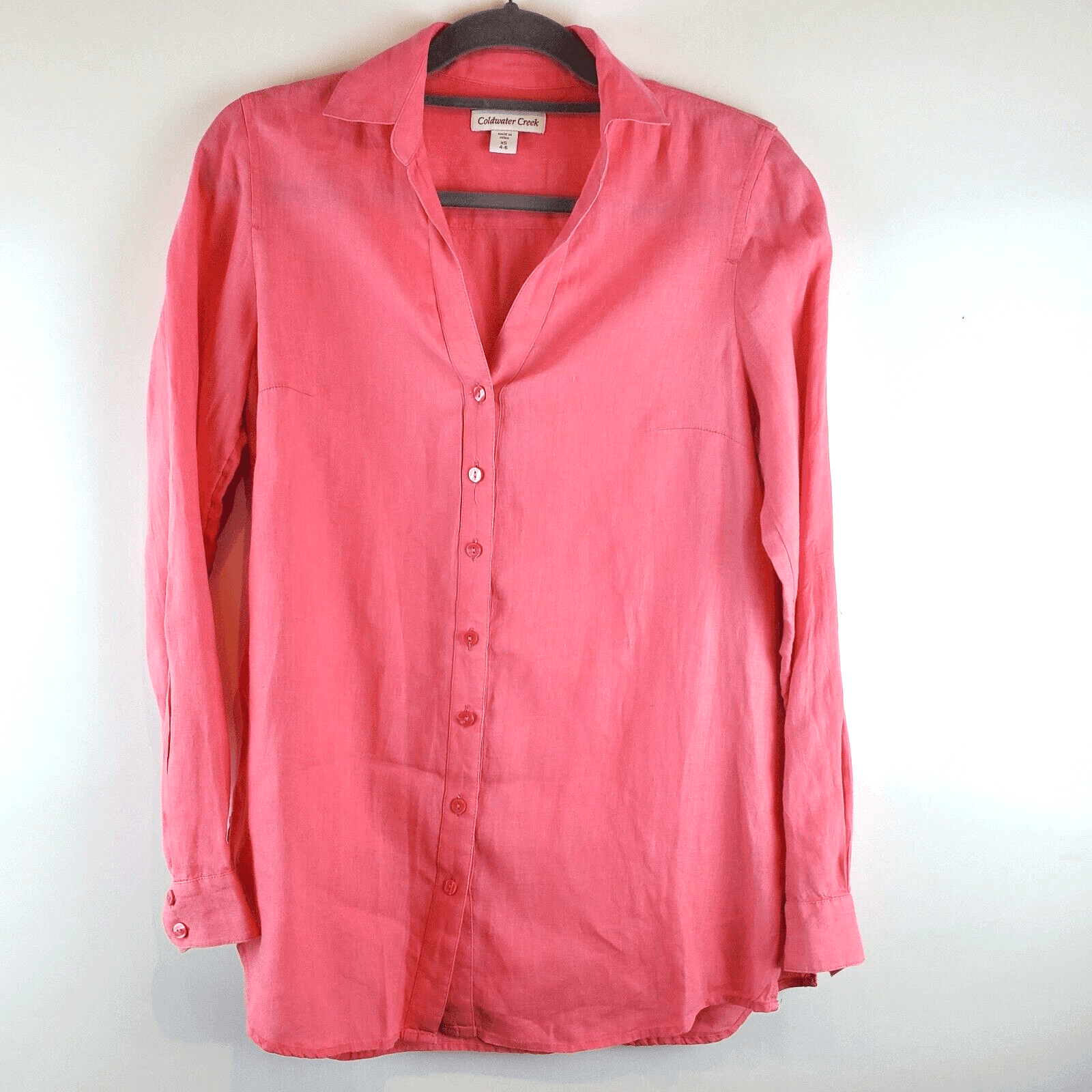 Coldwater Creek Women's Top XS Pink Coral Linen Blouse Roll Tab Sleeve Button