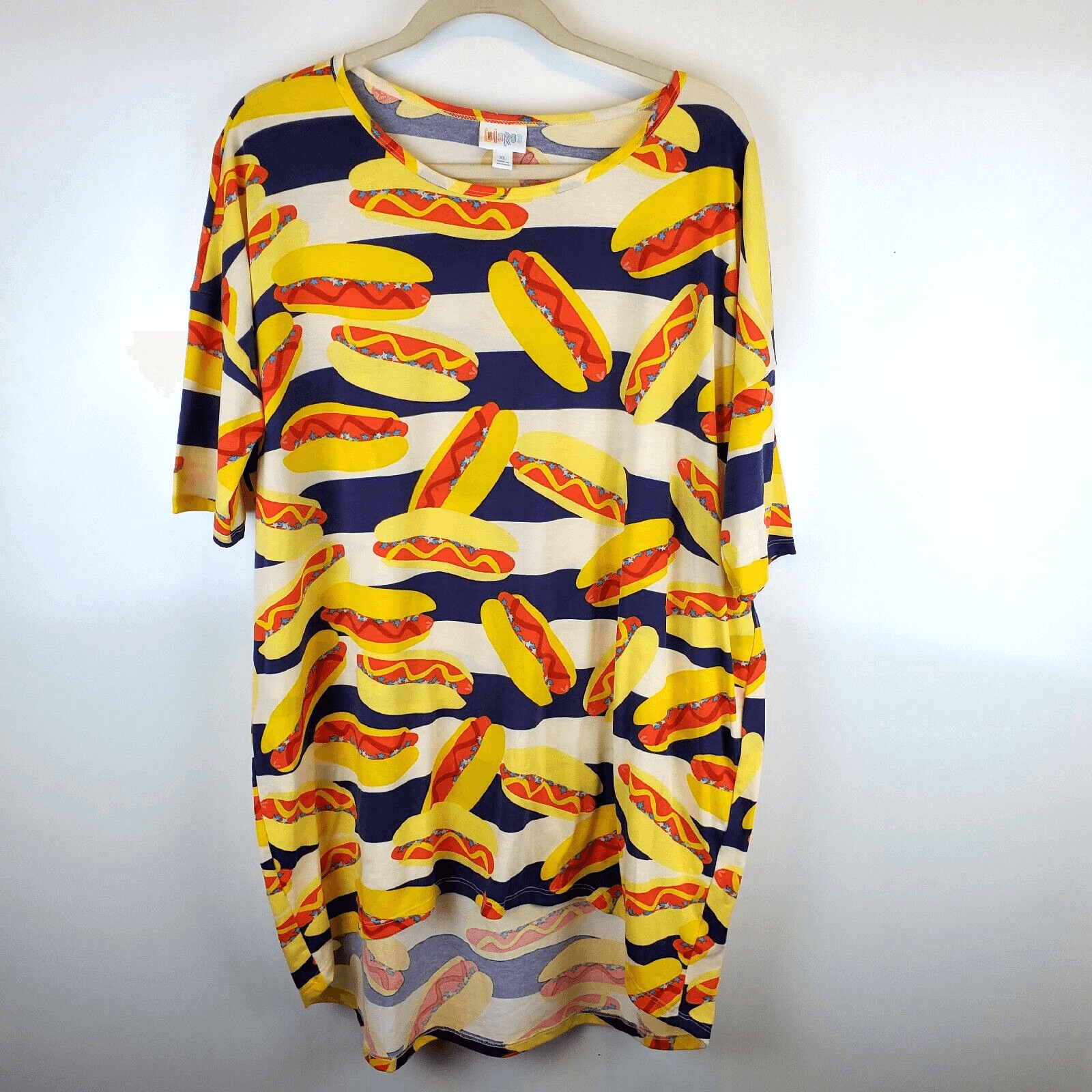 LuLaRoe XL Irma Hi Lo Tunic Top Night Shirt Coney Island Hot Dog Limited Summer