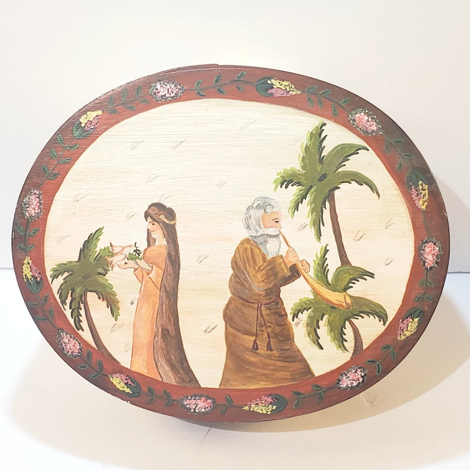 Vintage 1993 Wooden Oval Shaker Style Craft Box w/Lid Hand Painted Noah’s Ark