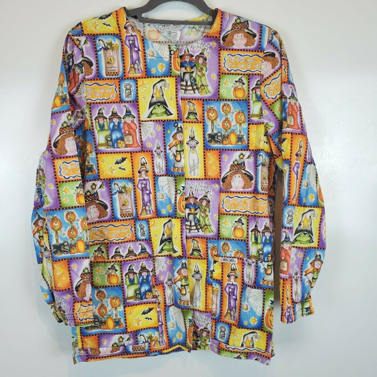 Scrubs Scrub Top Halloween LS Long Sleeves Sleeve Witch Cat Pumpkin Sz Small