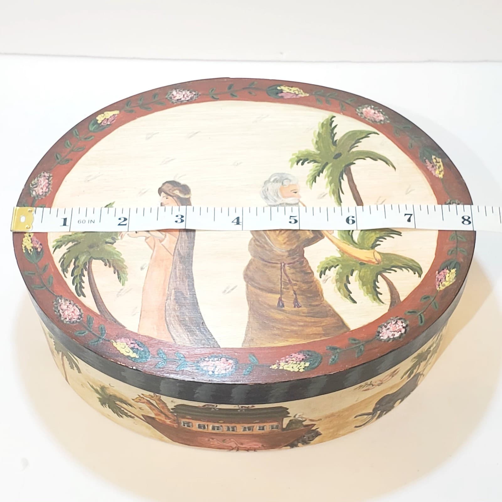 Vintage 1993 Wooden Oval Shaker Style Craft Box w/Lid Hand Painted Noah’s Ark - Thumbnail 11