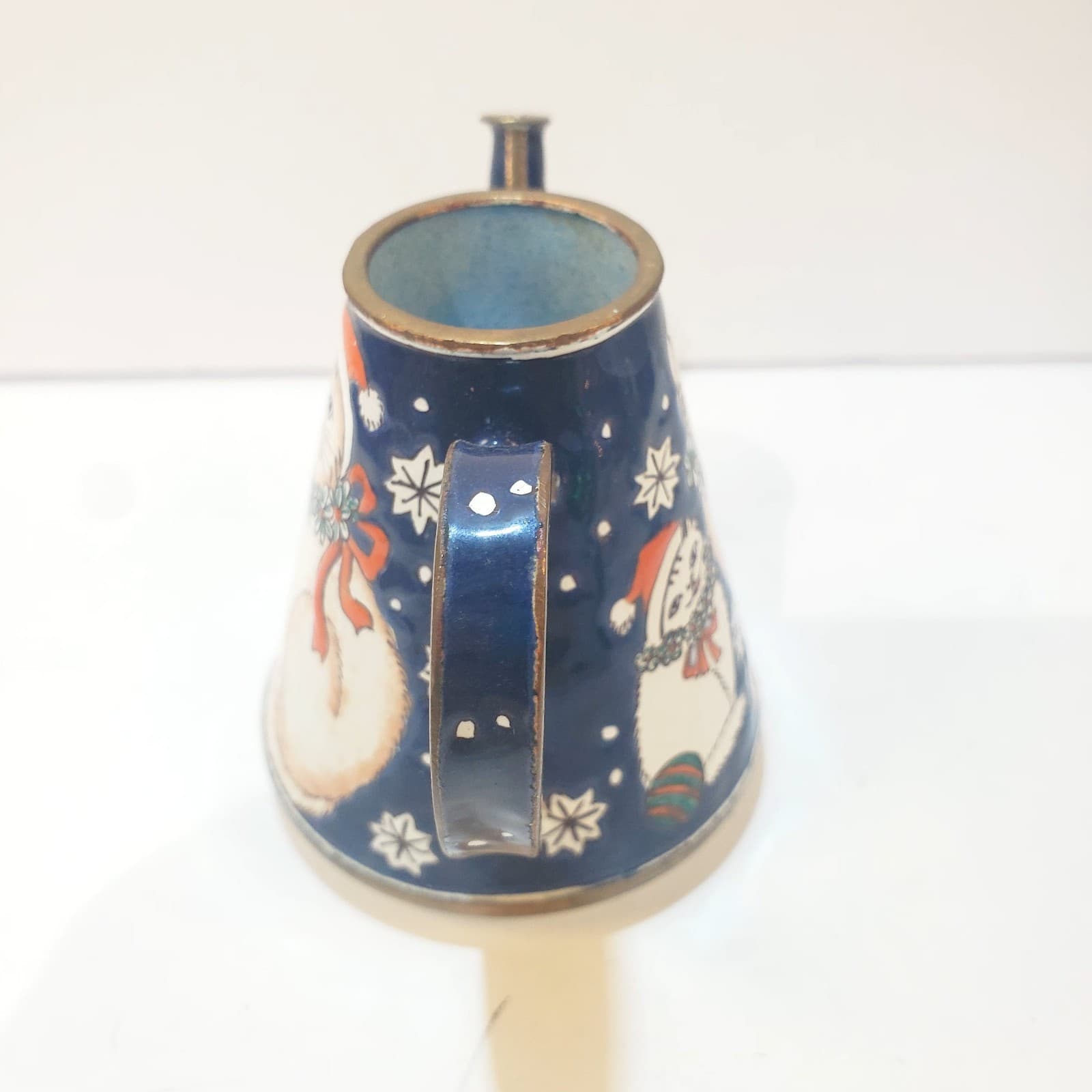 Vtg Multicolor Enamel Metal Miniature Decorative Teapot W/ Cat Kitten Santa Hat - Thumbnail 4