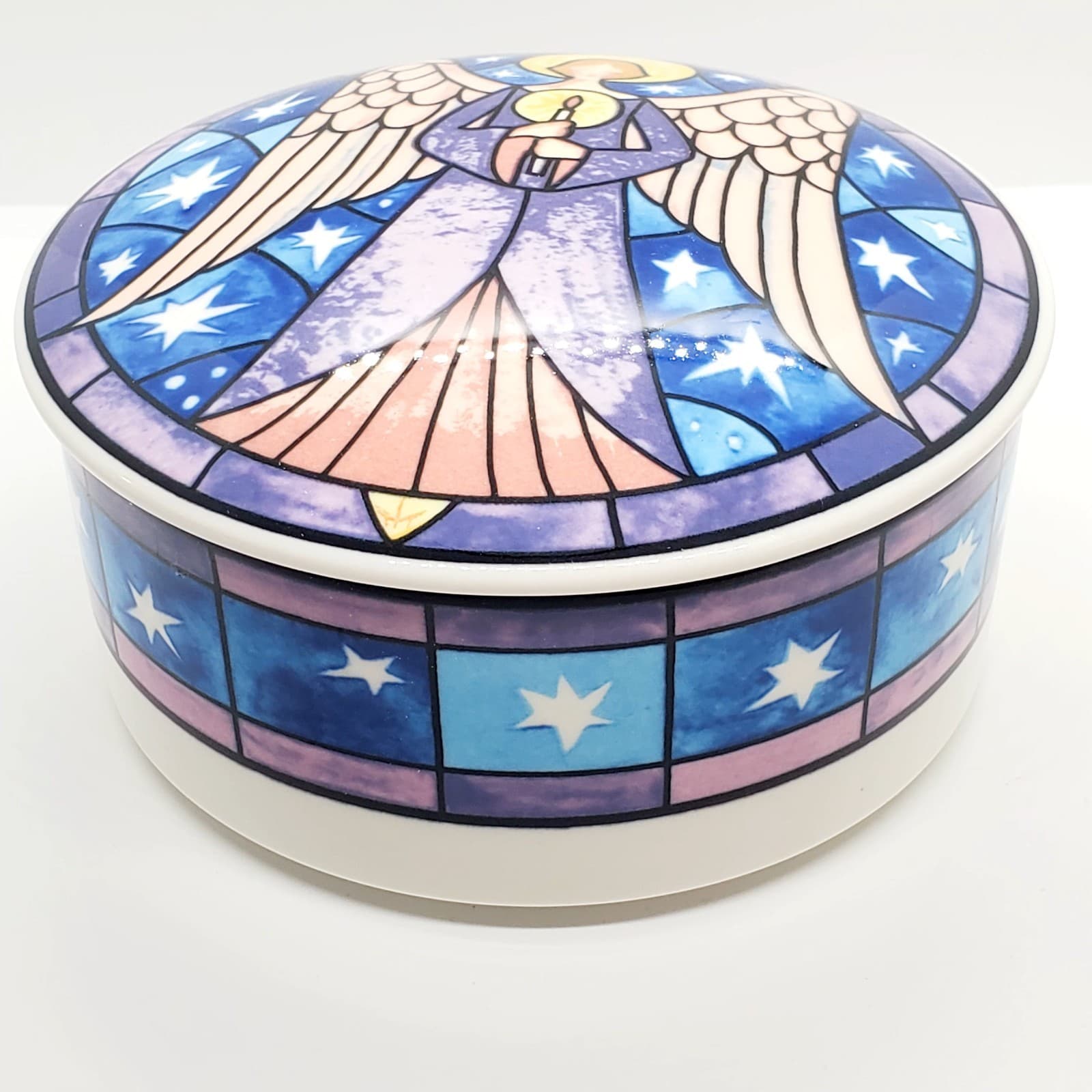 Mikasa Angel Trinket Jewelry Box Porcelain 5" Round HK 501 Stained Glass Design - Thumbnail 2