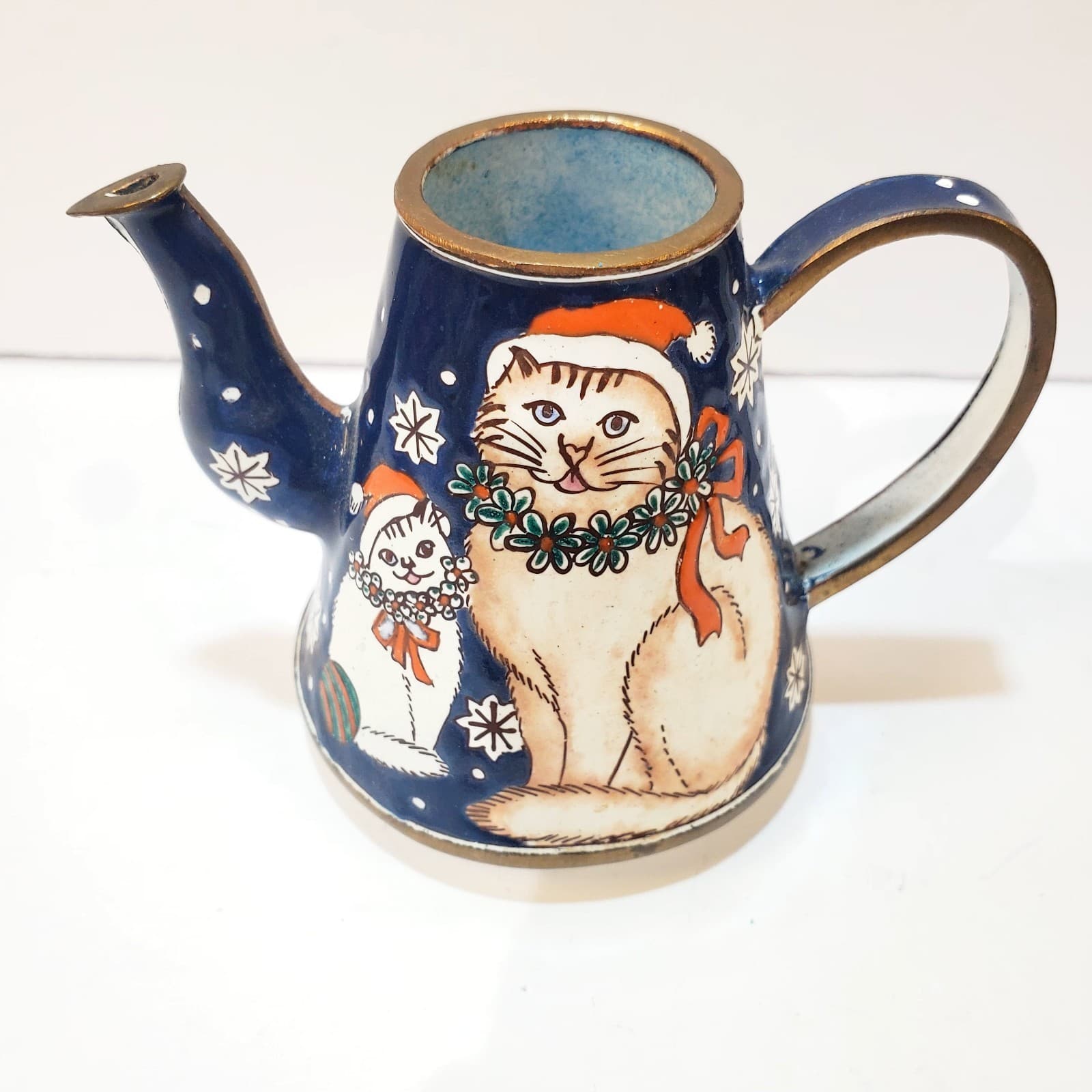Vtg Multicolor Enamel Metal Miniature Decorative Teapot W/ Cat Kitten Santa Hat