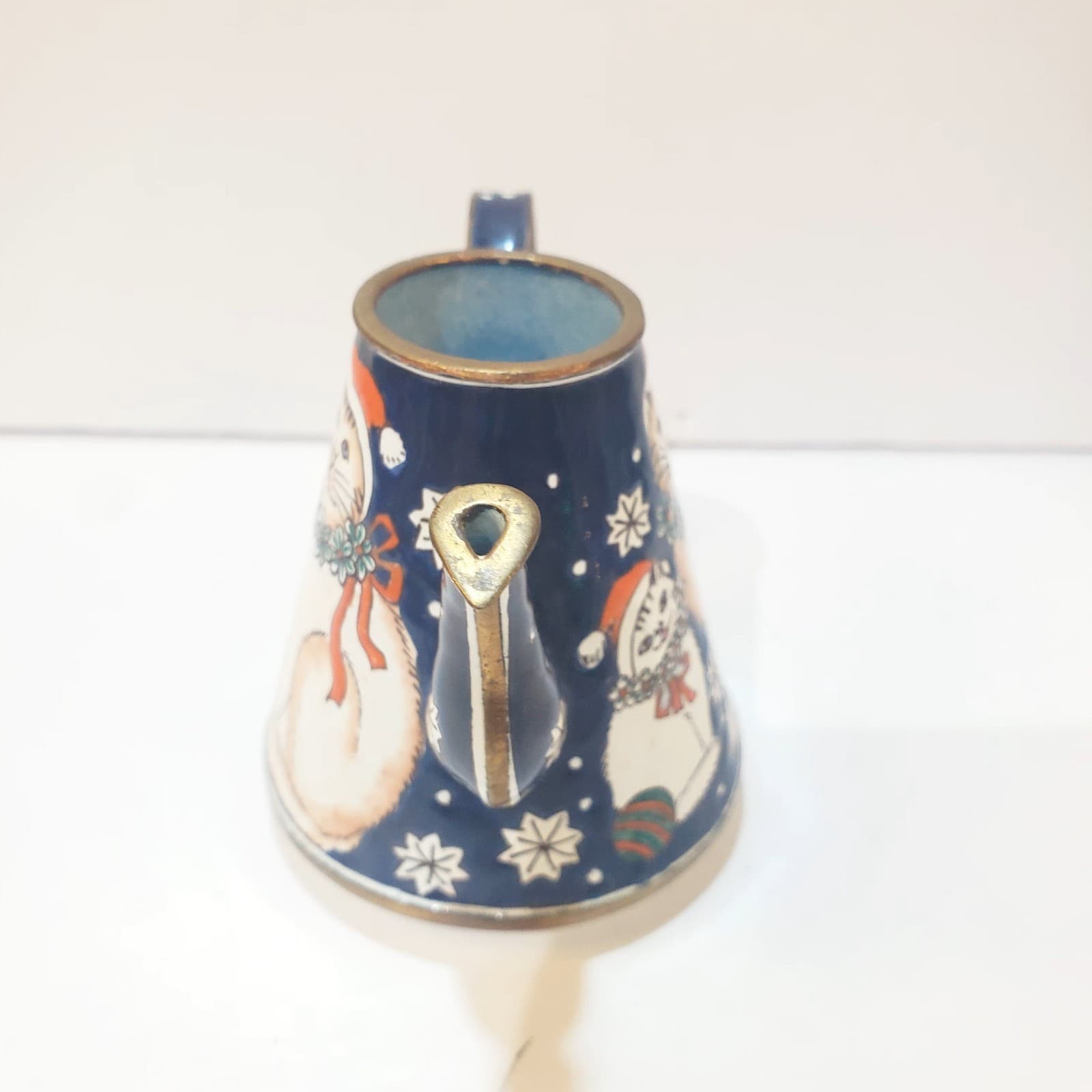 Vtg Multicolor Enamel Metal Miniature Decorative Teapot W/ Cat Kitten Santa Hat - Thumbnail 2