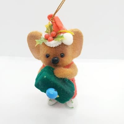 Vintage Flocked Koala Bear Holly Hat w/ Present Bluebird Christmas Ornament