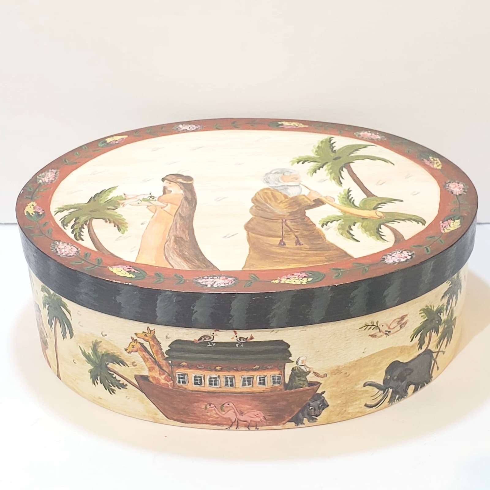 Vintage 1993 Wooden Oval Shaker Style Craft Box w/Lid Hand Painted Noah’s Ark - Thumbnail 2