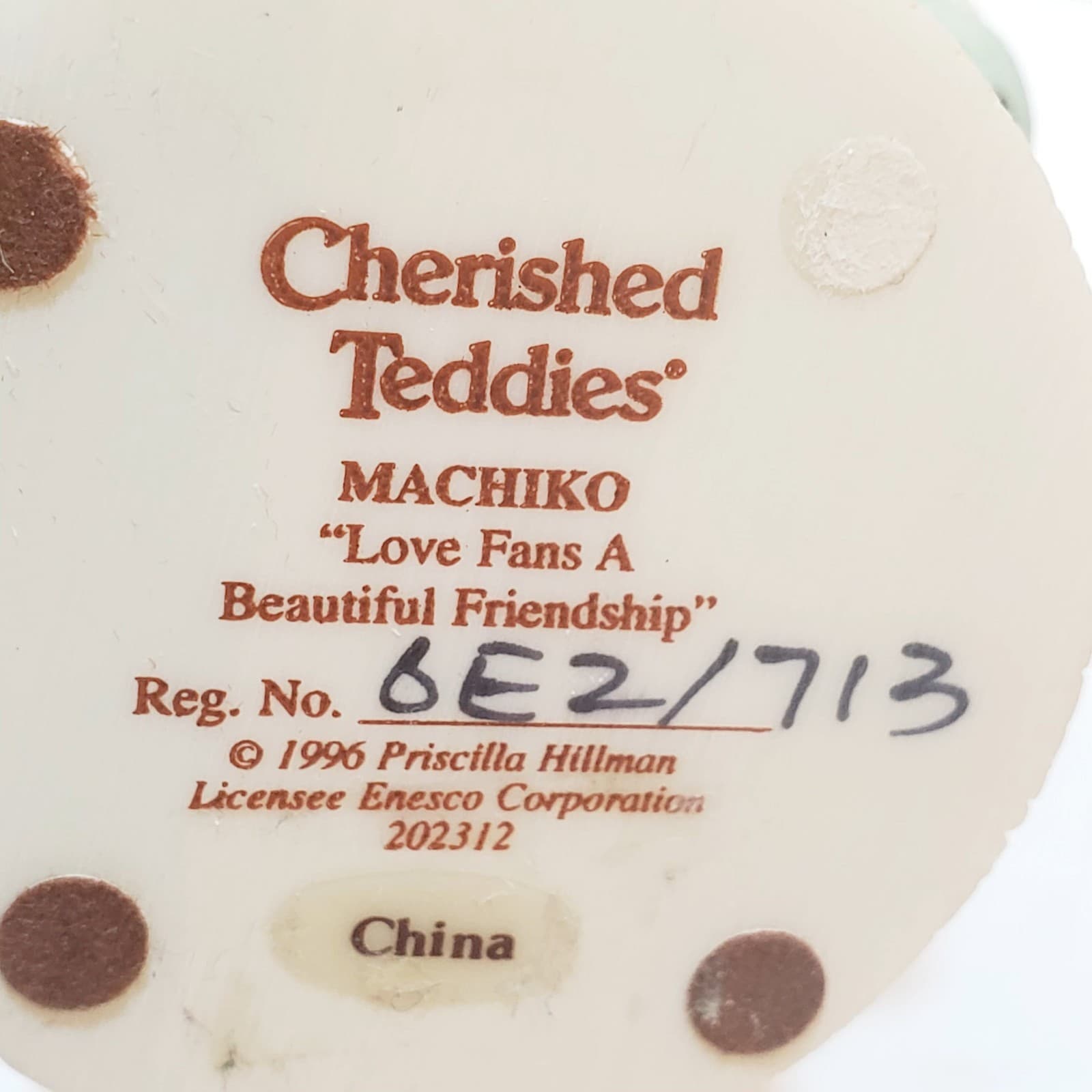 Vtg Cherished Teddies MACHIKO Love Fans a Beautiful Friendship 1996 Figurine - Thumbnail 6