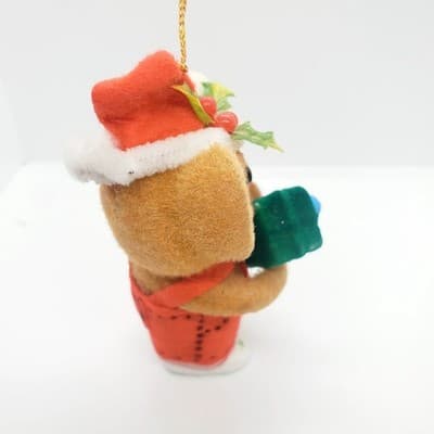 Vintage Flocked Koala Bear Holly Hat w/ Present Bluebird Christmas Ornament - Thumbnail 4